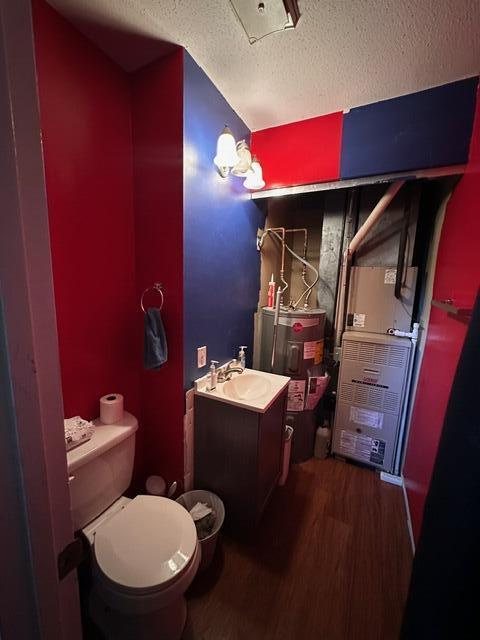 511 Turner Ave, Ashland, MO 65010 - half bathroom with a textured ceiling, vanity, wood finished floors, and water heater