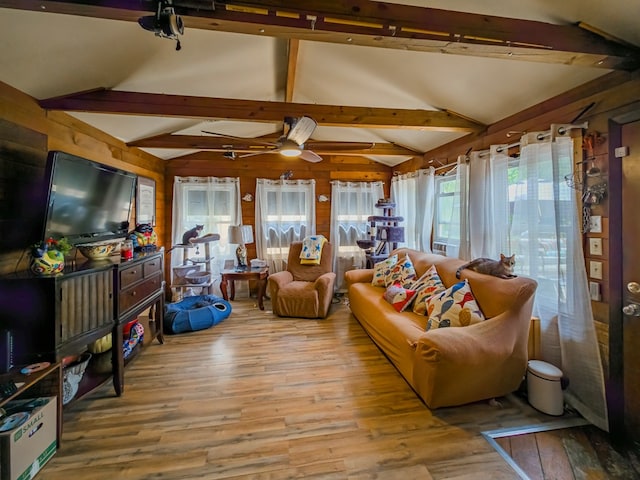 2222 Davis Ave, Tifton, GA 31794 - living room with wood walls, light wood-type flooring, and ceiling fan