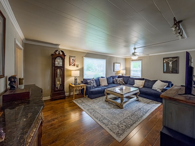 113 S Merrimac Dr, Fitzgerald, GA 31750 - living room featuring crown molding, ceiling fan, and dark wood finished floors