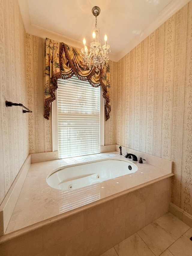 302 W 26th St, Tifton, GA 31794 - full bathroom featuring a chandelier, a whirlpool tub, wallpapered walls, and crown molding