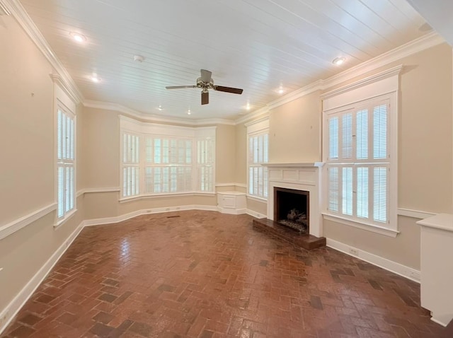 302 W 26th St, Tifton, GA 31794 - unfurnished living room with brick floors, a ceiling fan, a fireplace with raised hearth, recessed lighting, and crown molding