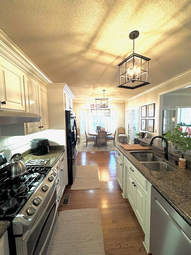 11 Ridgewood Dr, Tifton, GA 31793 - kitchen featuring a notable chandelier, a sink, ornamental molding, appliances with stainless steel finishes, and under cabinet range hood