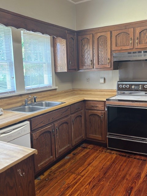 407 N Ridge Ave, Tifton, GA 31794 - kitchen with electric range, under cabinet range hood, a sink, wood counters, and white dishwasher