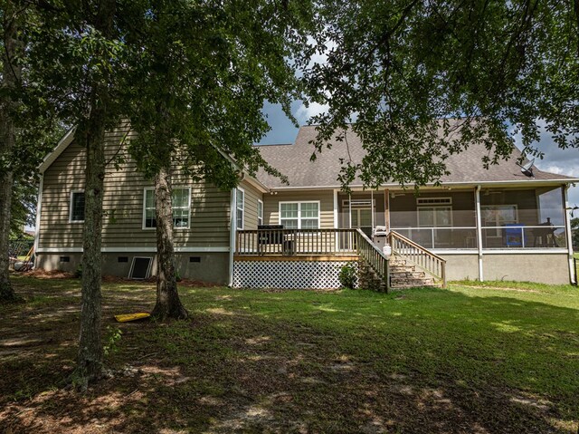 74 Surrey Cir, Tifton, GA 31793 - rear view of property with crawl space, a lawn, a sunroom, and a deck