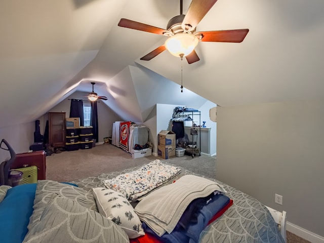 74 Surrey Cir, Tifton, GA 31793 - bedroom featuring carpet floors, vaulted ceiling, and ceiling fan