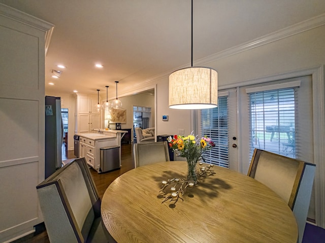 74 Surrey Cir, Tifton, GA 31793 - dining room with ornamental molding, recessed lighting, and dark wood-style flooring