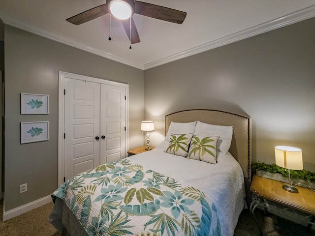 74 Surrey Cir, Tifton, GA 31793 - bedroom featuring carpet flooring, crown molding, a closet, and a ceiling fan
