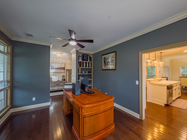 74 Surrey Cir, Tifton, GA 31793 - office featuring dark wood-style flooring, a ceiling fan, and ornamental molding