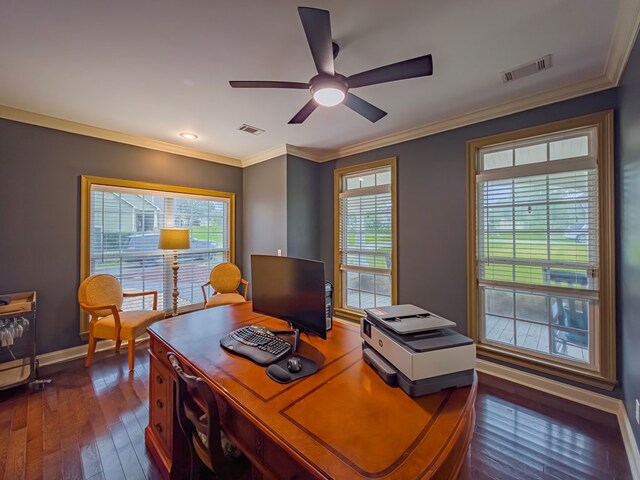 74 Surrey Cir, Tifton, GA 31793 - office area featuring a ceiling fan, dark wood finished floors, and crown molding