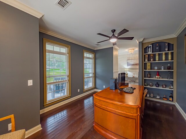 74 Surrey Cir, Tifton, GA 31793 - office area featuring ornamental molding, wood finished floors, and a ceiling fan