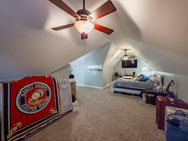 74 Surrey Cir, Tifton, GA 31793 - carpeted bedroom featuring an AC wall unit, vaulted ceiling, and a ceiling fan