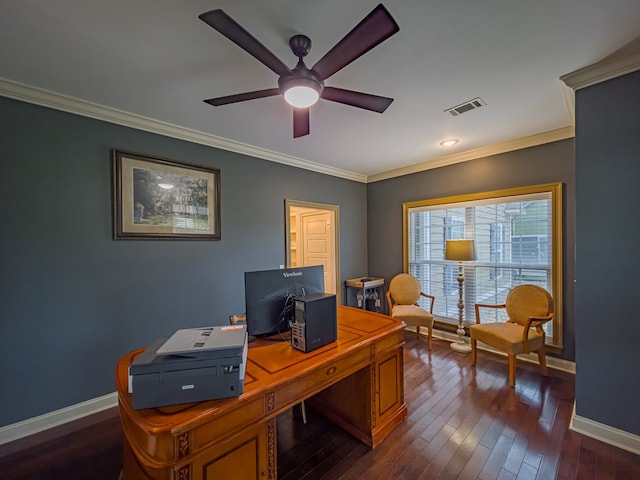 74 Surrey Cir, Tifton, GA 31793 - office area featuring ceiling fan, ornamental molding, and dark wood-style flooring