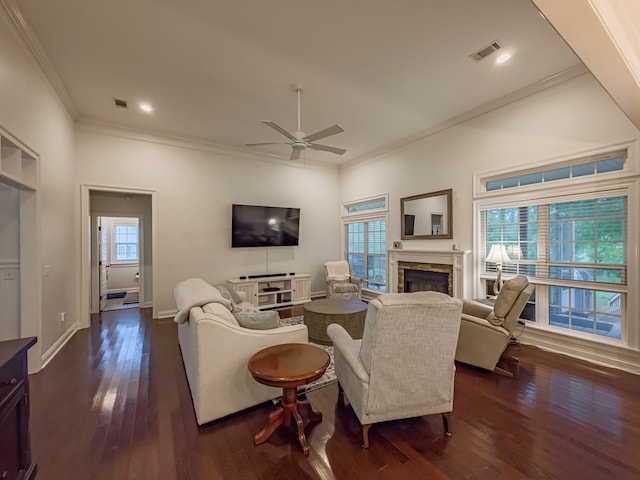 74 Surrey Cir, Tifton, GA 31793 - living area featuring ornamental molding, a ceiling fan, a fireplace, dark wood-style floors, and recessed lighting