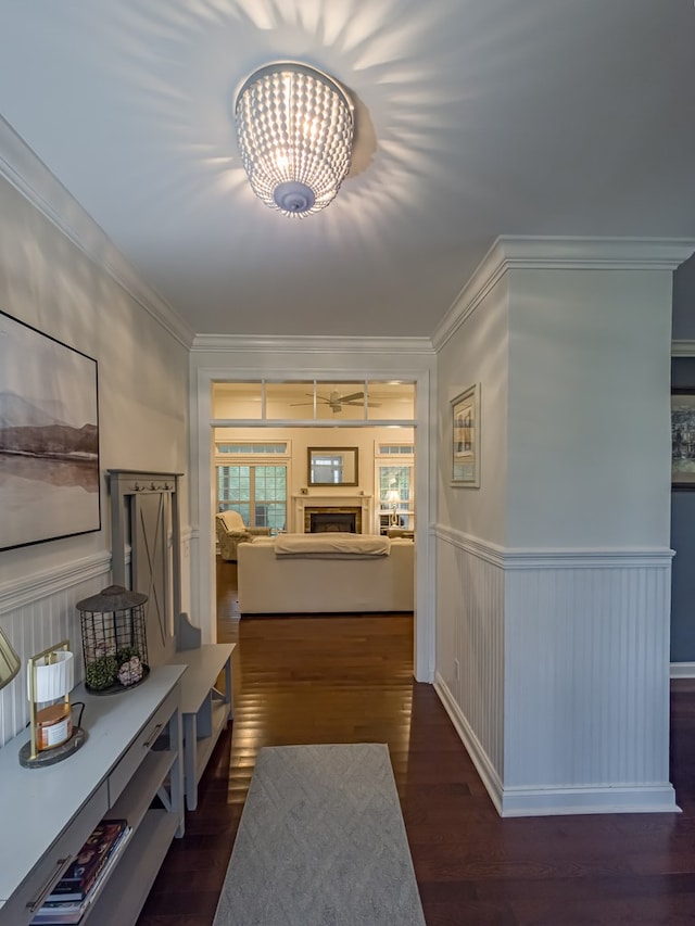 74 Surrey Cir, Tifton, GA 31793 - hall featuring wood finished floors, a chandelier, ornamental molding, and wainscoting