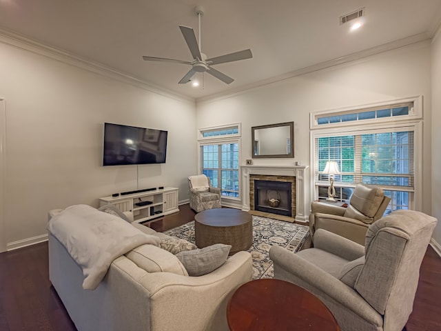 74 Surrey Cir, Tifton, GA 31793 - living area with ceiling fan, crown molding, wood finished floors, a fireplace, and recessed lighting