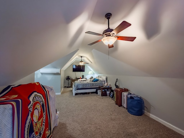 74 Surrey Cir, Tifton, GA 31793 - bedroom featuring a wall unit AC, carpet flooring, lofted ceiling, and a ceiling fan