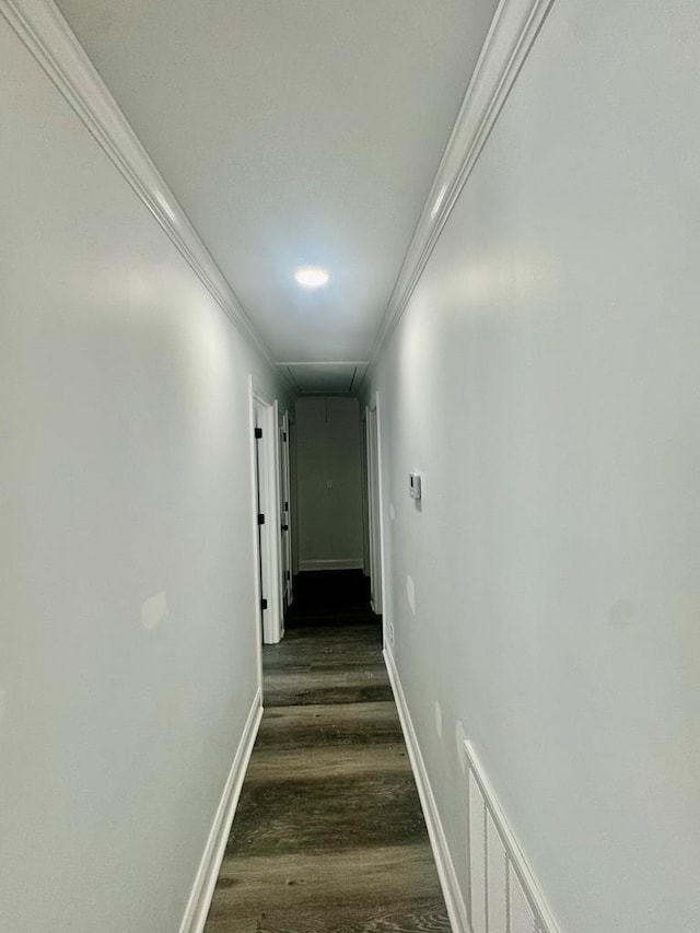 702 N Livingston St, Sylvester, GA 31791 - hall featuring attic access, dark wood-type flooring, and ornamental molding