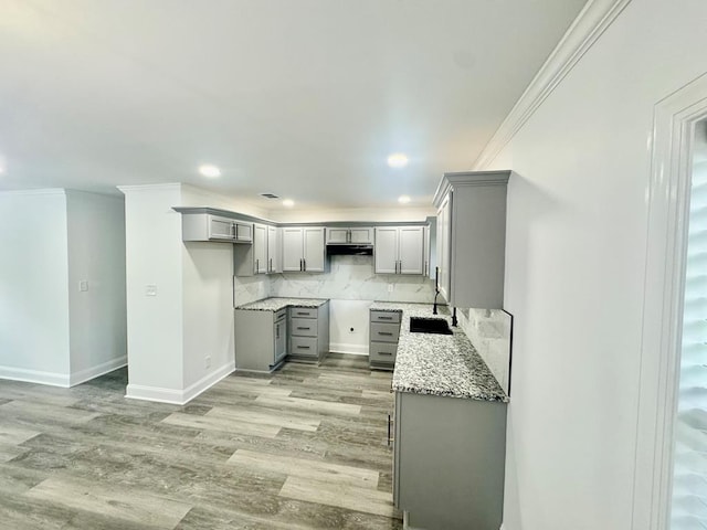 702 N Livingston St, Sylvester, GA 31791 - kitchen with gray cabinetry, crown molding, light wood finished floors, backsplash, and light stone countertops
