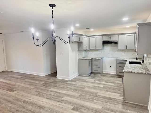 702 N Livingston St, Sylvester, GA 31791 - kitchen featuring gray cabinetry, under cabinet range hood, light wood finished floors, ornamental molding, and recessed lighting