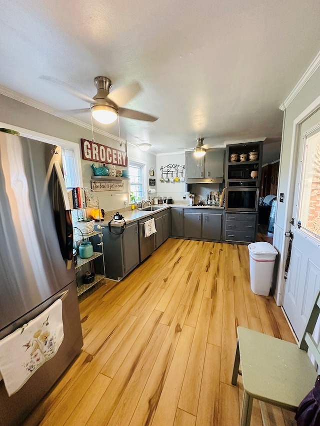 kitchen featuring a sink, gray cabinets, ceiling fan, and appliances with stainless steel finishes