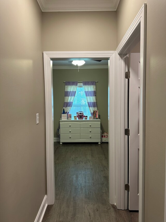 corridor featuring crown molding, baseboards, and dark wood-type flooring