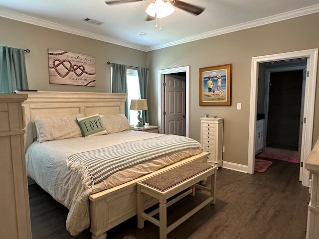 bedroom with dark wood-style flooring, ceiling fan, baseboards, visible vents, and ornamental molding