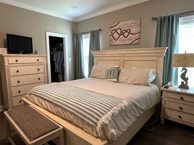 bedroom with crown molding, a closet, dark wood finished floors, and a spacious closet