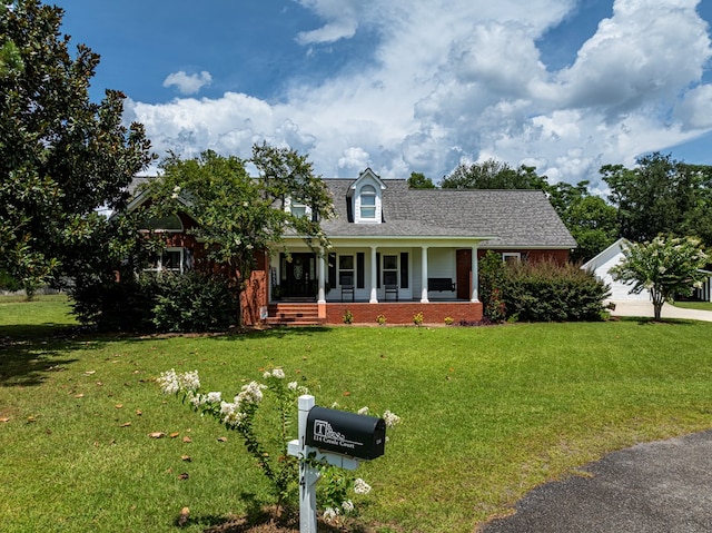 114 Creole Ct, Fitzgerald, GA 31750 - cape cod home with covered porch, a front lawn, brick siding, and roof with shingles