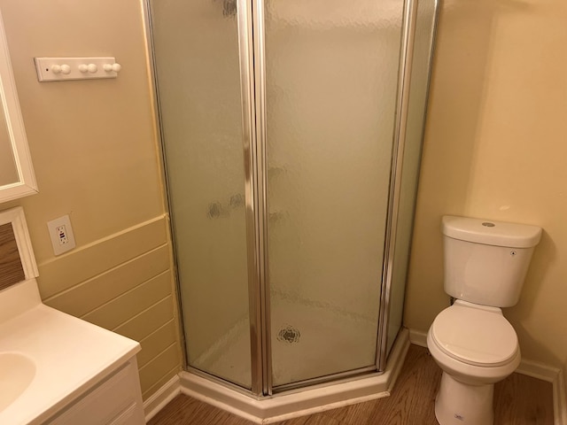 full bathroom with a shower stall, vanity, toilet, and wood finished floors