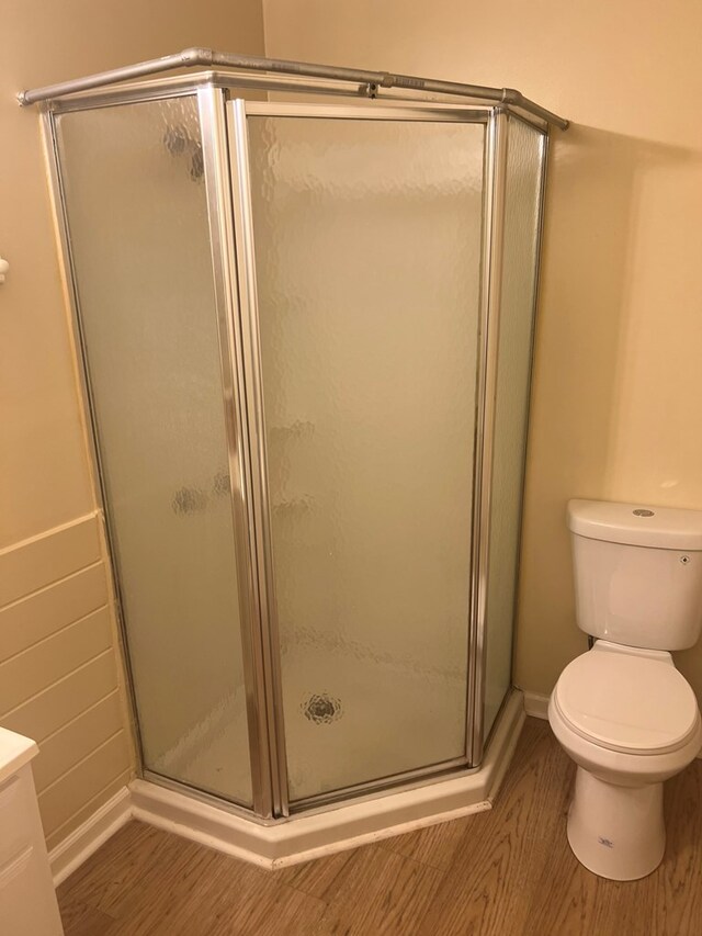full bath featuring toilet, a stall shower, wood finished floors, and vanity