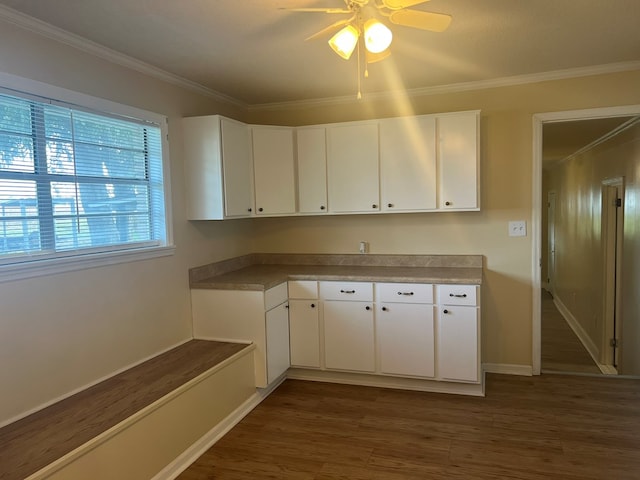kitchen featuring crown molding, ceiling fan, dark wood-type flooring, white cabinetry, and baseboards