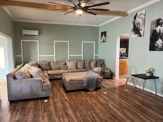 living area with a ceiling fan, wood finished floors, a wall unit AC, and ornamental molding