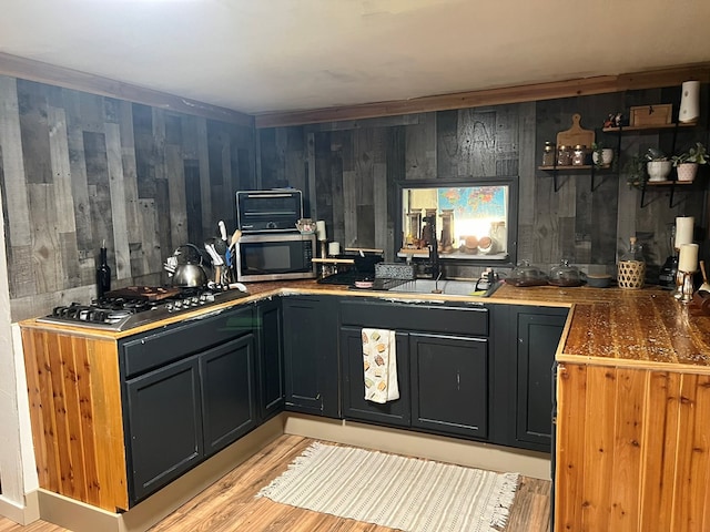 kitchen featuring a toaster, open shelves, light wood-style floors, stainless steel appliances, and a sink