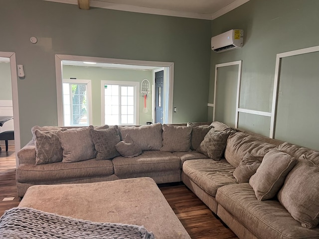 living room with crown molding, a wall mounted air conditioner, and dark wood-style flooring