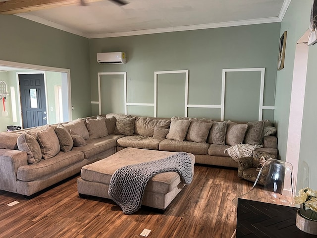 living area with a wall mounted AC, dark wood-type flooring, and crown molding