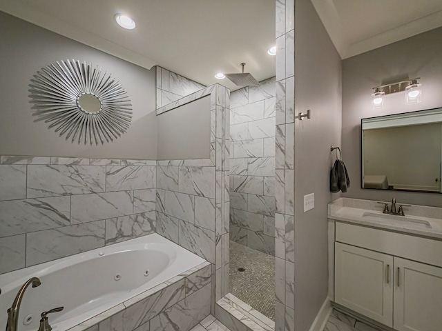 113 N Pointe Dr, Fitzgerald, GA 31750 - bathroom featuring marble look tiles, a whirlpool tub, a walk in shower, vanity, and baseboards