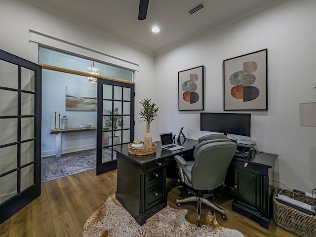 113 N Pointe Dr, Fitzgerald, GA 31750 - office space featuring ceiling fan, wood finished floors, french doors, and baseboards