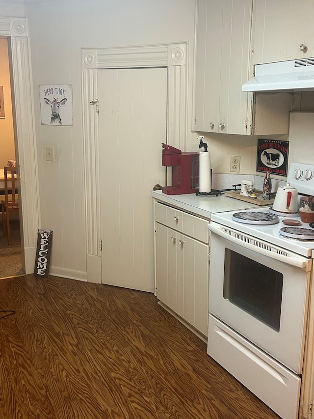 202 N Westberry St, Sylvester, GA 31791 - kitchen with light countertops, white cabinets, under cabinet range hood, dark wood-type flooring, and electric stove