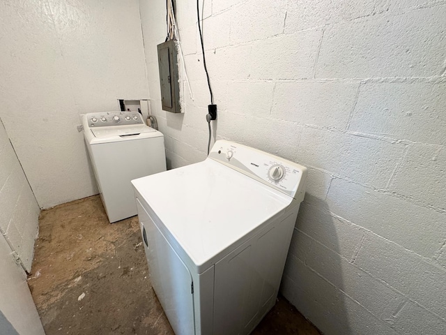 118 Flint St, Fitzgerald, GA 31750 - laundry room featuring electric panel, washer and clothes dryer, laundry area, and concrete block wall
