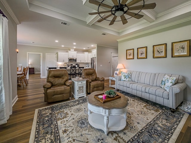 105 Planters Row, Tifton, GA 31793 - living room with ceiling fan, dark wood-style floors, ornamental molding, recessed lighting, and beam ceiling