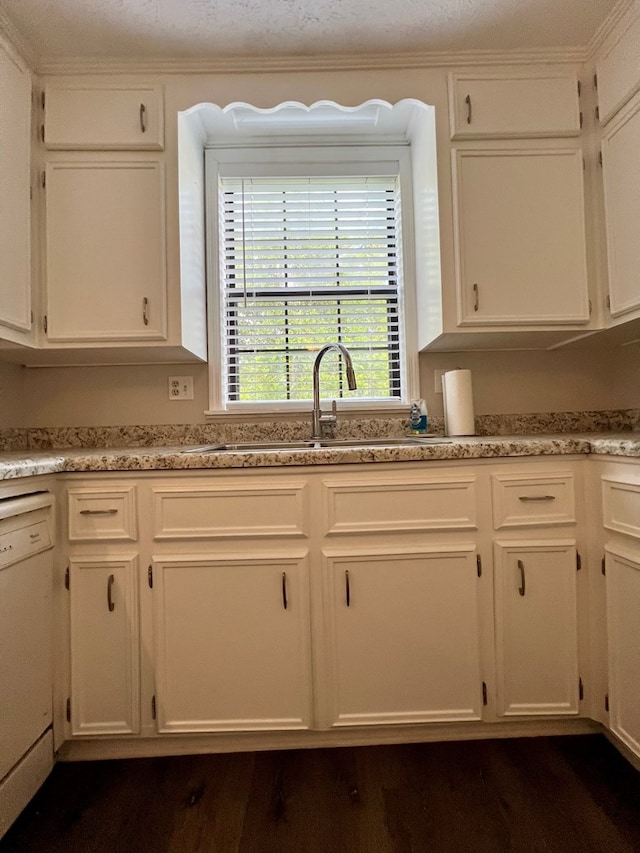 kitchen featuring white cabinetry, dark wood-style floors, a sink, and dishwasher
