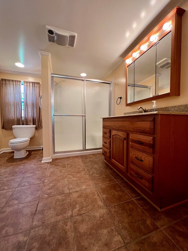 full bath with visible vents, ornamental molding, vanity, toilet, and a stall shower