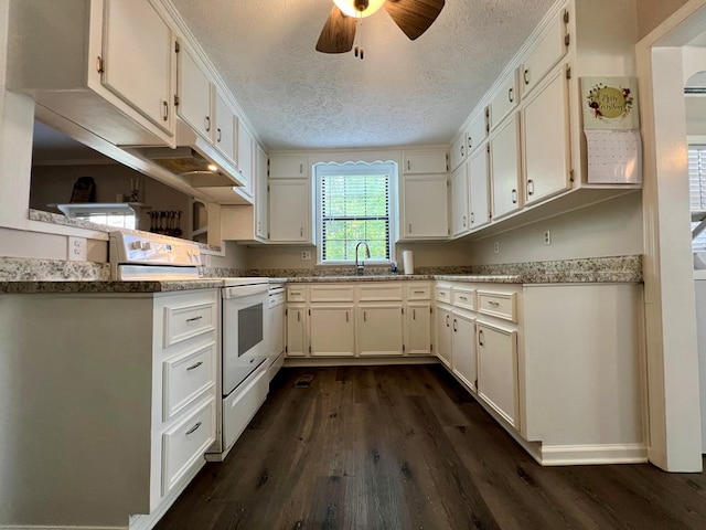 kitchen featuring a sink, white range with electric cooktop, a textured ceiling, and dark wood-type flooring