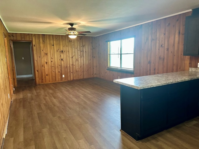 1222 Minton Rd, Sylvester, GA 31791 - unfurnished living room featuring a ceiling fan, wood finished floors, wood walls, and crown molding