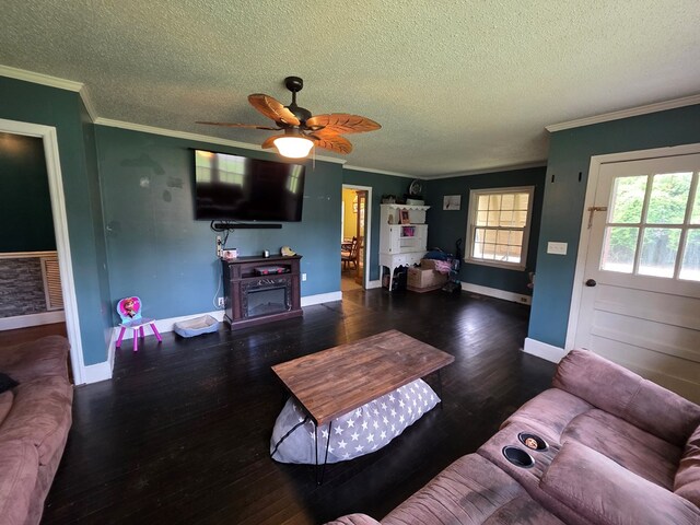 410 W Henderson St, Ocilla, GA 31774 - living area featuring crown molding, a ceiling fan, a textured ceiling, and wood finished floors