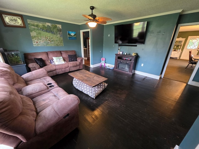410 W Henderson St, Ocilla, GA 31774 - living area featuring crown molding, a glass covered fireplace, wood finished floors, ceiling fan, and a textured ceiling