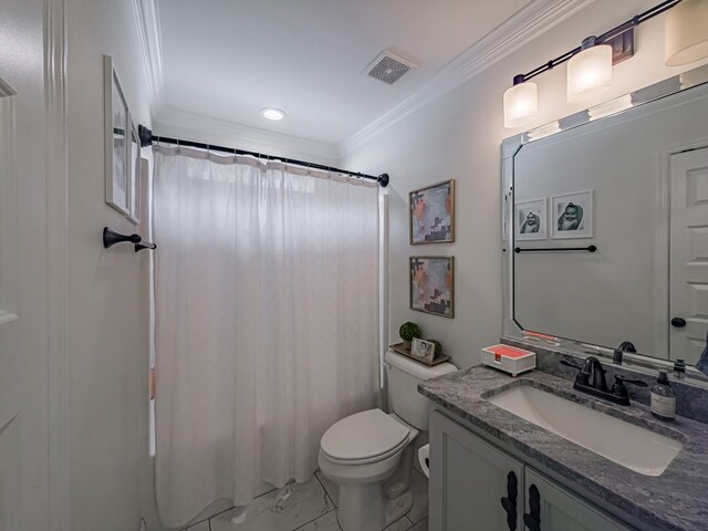 560 Osprey Cir, Tifton, GA 31794 - full bathroom featuring ornamental molding, toilet, vanity, marble finish floors, and a shower with curtain