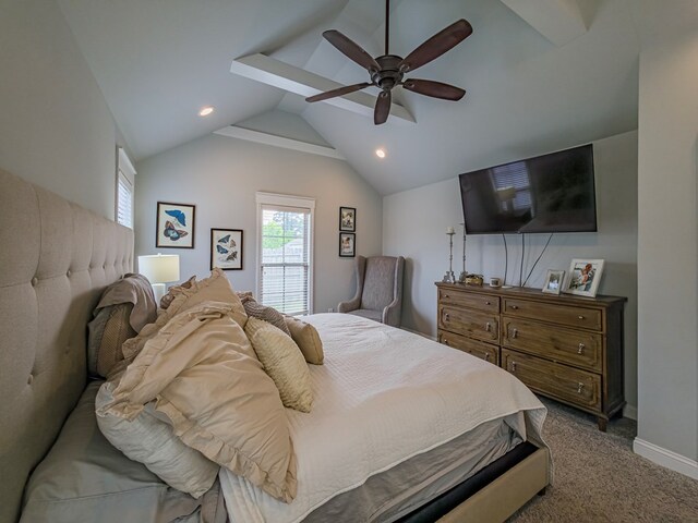 560 Osprey Cir, Tifton, GA 31794 - bedroom with lofted ceiling, ceiling fan, carpet, baseboards, and recessed lighting