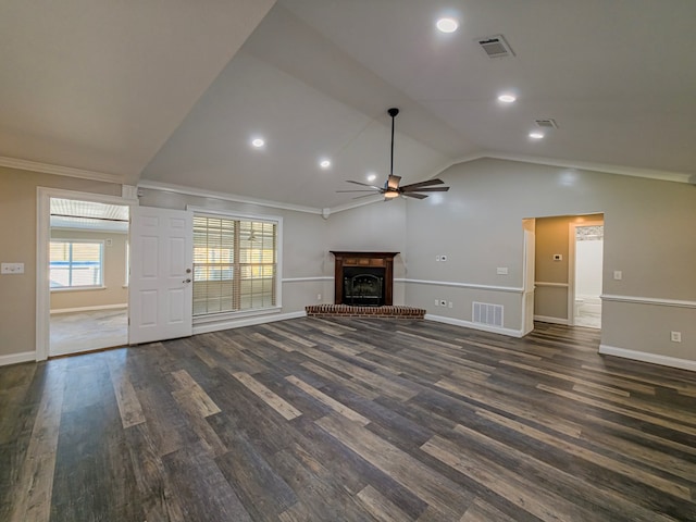 34 Alan Ln, Tifton, GA 31793 - unfurnished living room with a ceiling fan, lofted ceiling, dark wood finished floors, crown molding, and a brick fireplace