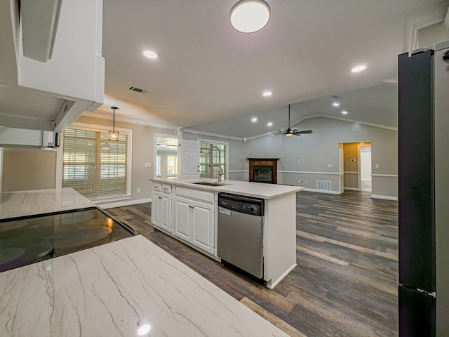 34 Alan Ln, Tifton, GA 31793 - kitchen featuring stainless steel dishwasher, a sink, dark wood finished floors, baseboards, and ornamental molding
